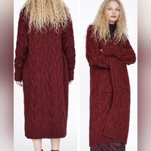 ZARA CABLE KNIT Coat Cardigan Sweater Cranberry Wool Mohair Duster Chunky Car